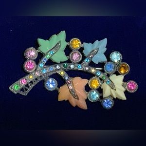 Antique Cast Brooch With Catalina Leaves and Rhinestones